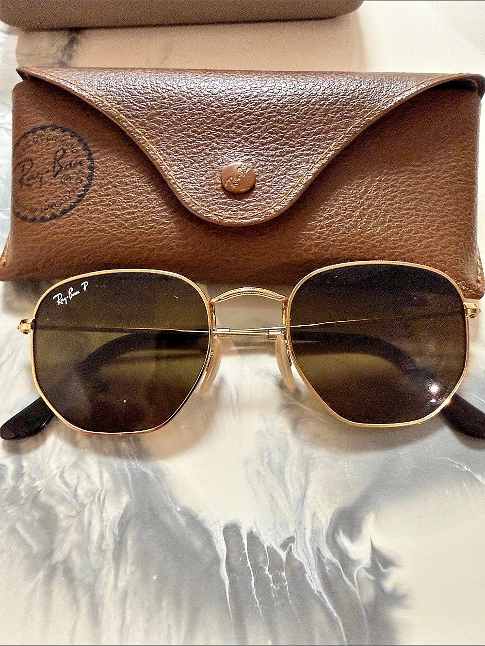 Ray-Ban Hexagonal Flat Lenses Polarized Sunglasses Gold & Brown